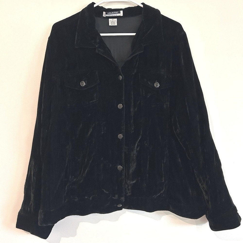 Vtg Black Velvet Shirt Jacket Sz 2X Button Up Pockets Semi Sheer Boxy Shacket